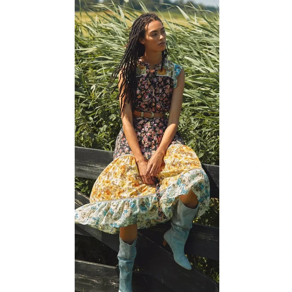 New Anthropologie Ruffled Boho Inspired Floral Midi Dress $170 XS - Picture 5 of 9
